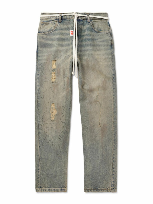 Photo: RRR123 - Fathers Way Slim-Fit Straight-Leg Belted Distressed Printed Jeans - Blue