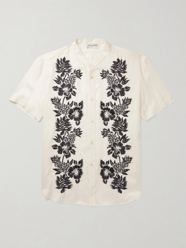 Photo: SAINT LAURENT - Grandad-Collar Embroidered Voile Shirt - White
