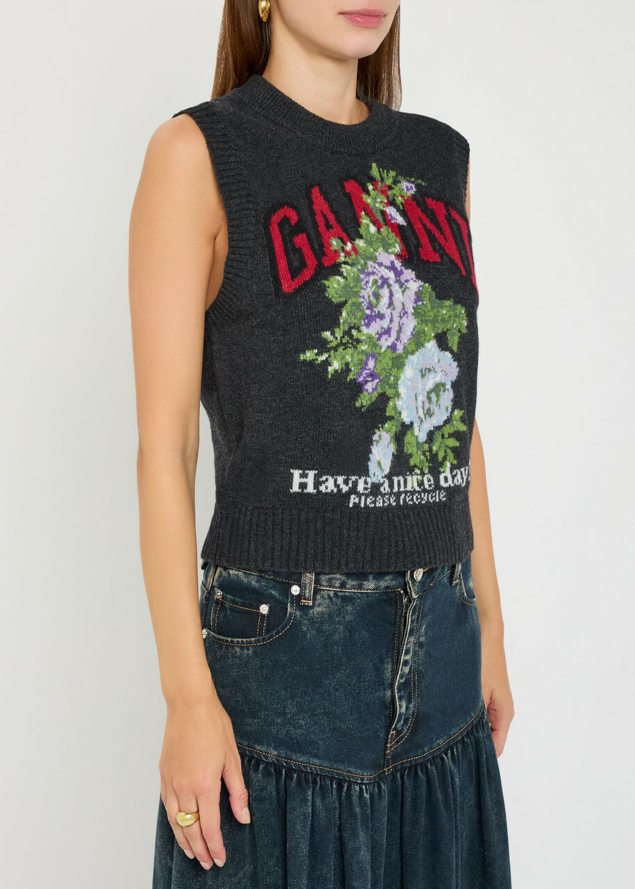 Ganni Floral-intarsia Wool-blend Vest Black