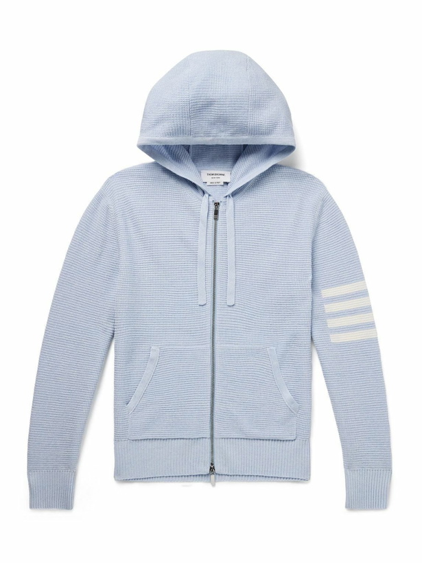 Photo: Thom Browne - Intarsia-Knit Striped Textured Linen and Cotton-Blend Zip-Up Hoodie - Blue