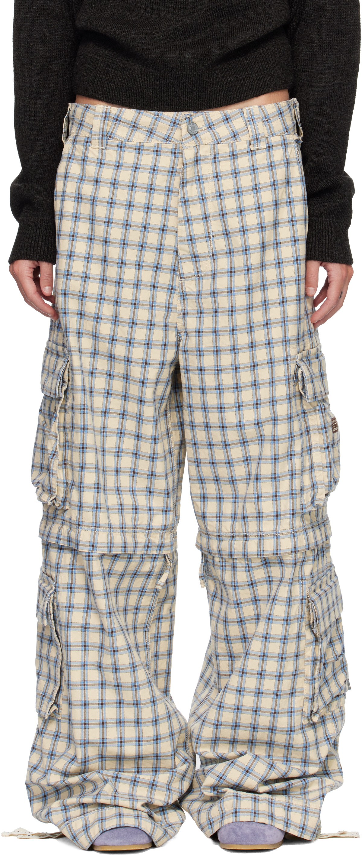 ERL Beige & Blue Zip-Off Plaid Cargo Pants