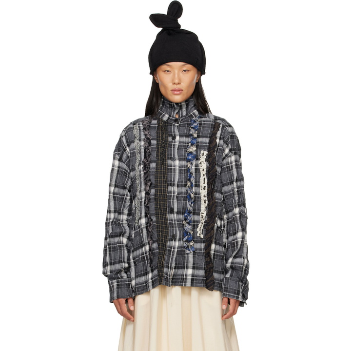 Photo: OPEN YY Black Checkered Crinkle Ruffle Shirt