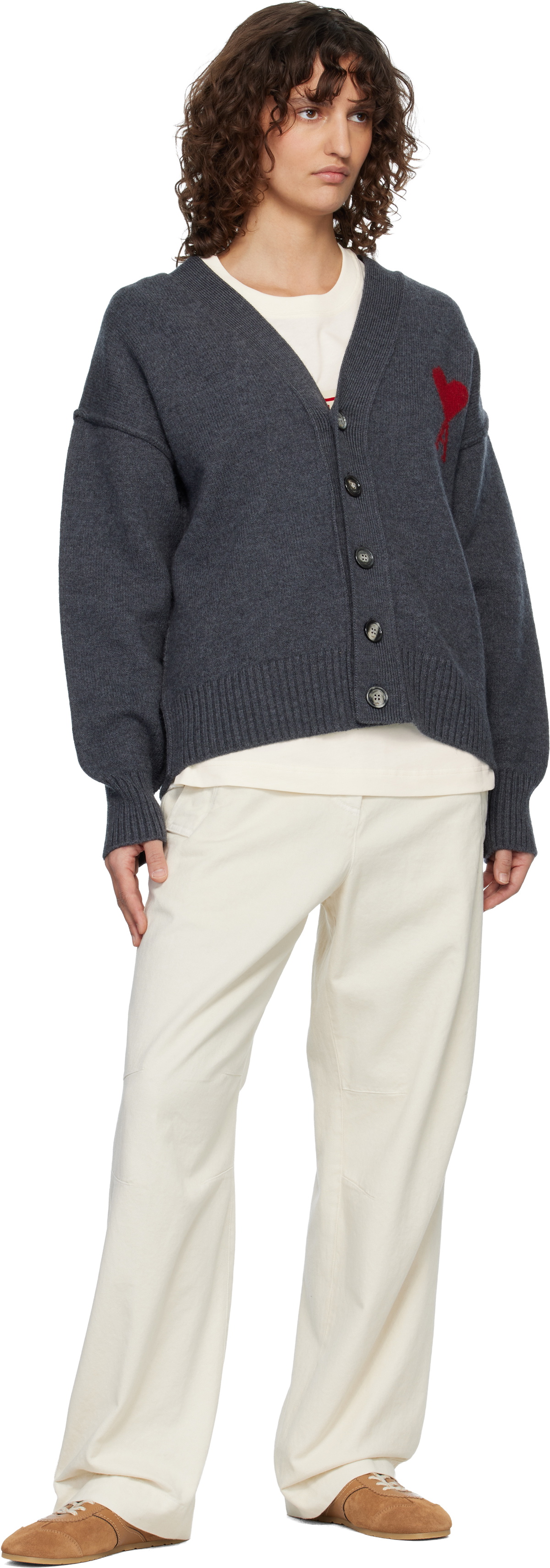 AMI Paris Gray Wool Ami de Coeur Cardigan