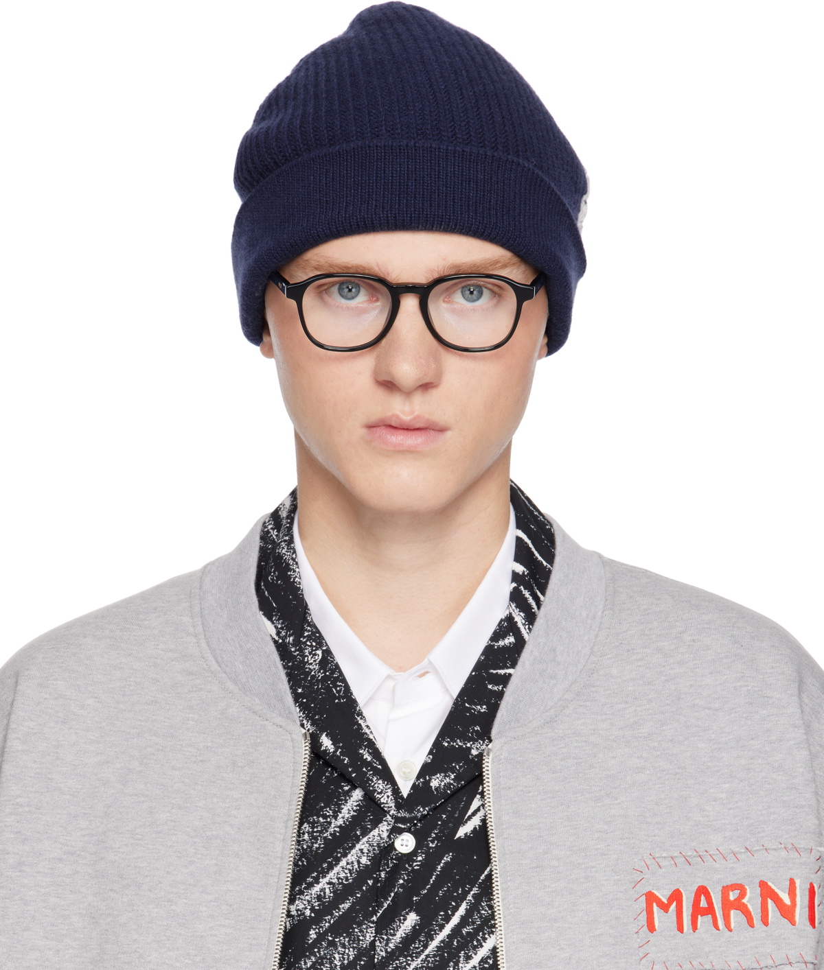 Marni Navy Mending Logo Beanie