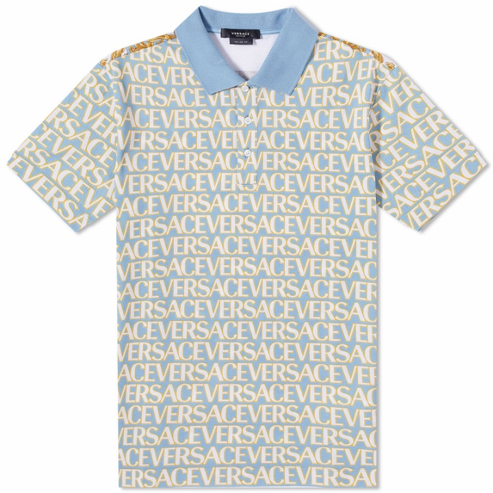 Photo: Versace Men's All Over Logo Polo Shirt in Light Blue
