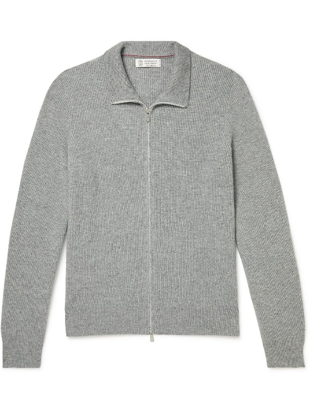 Photo: Brunello Cucinelli - Ribbed Cashmere Zip-Up Sweater - Gray