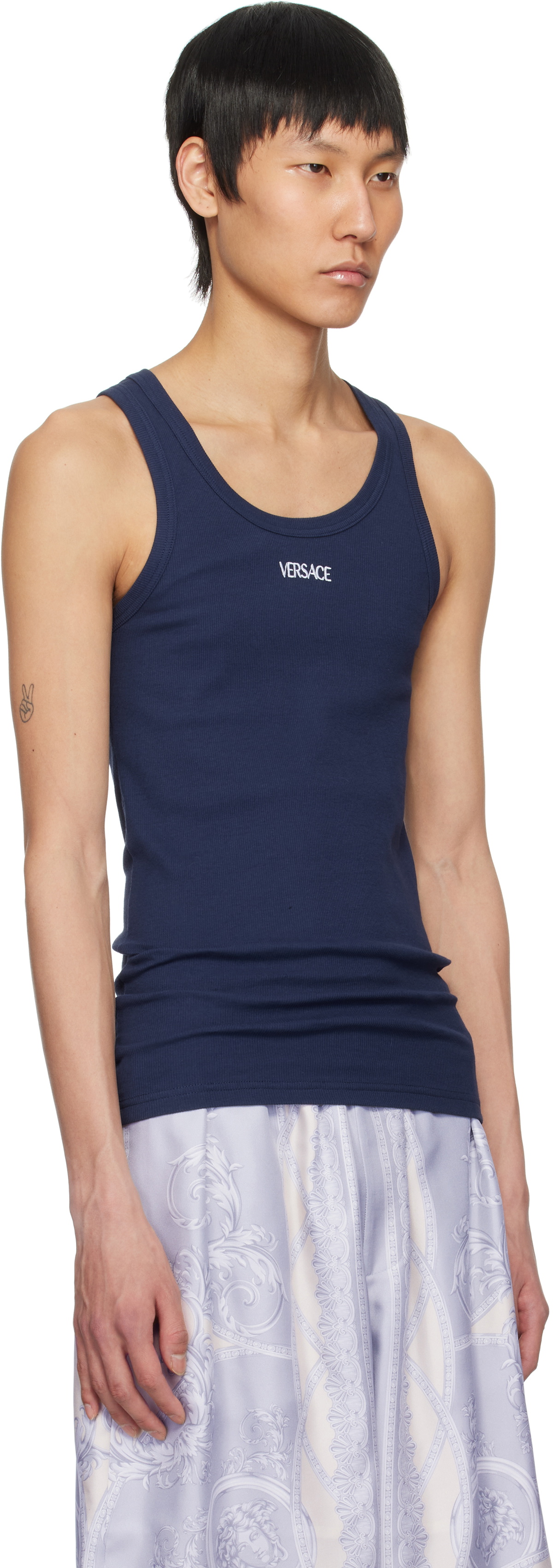 Versace Underwear Navy Logo Ribbed Tank Top