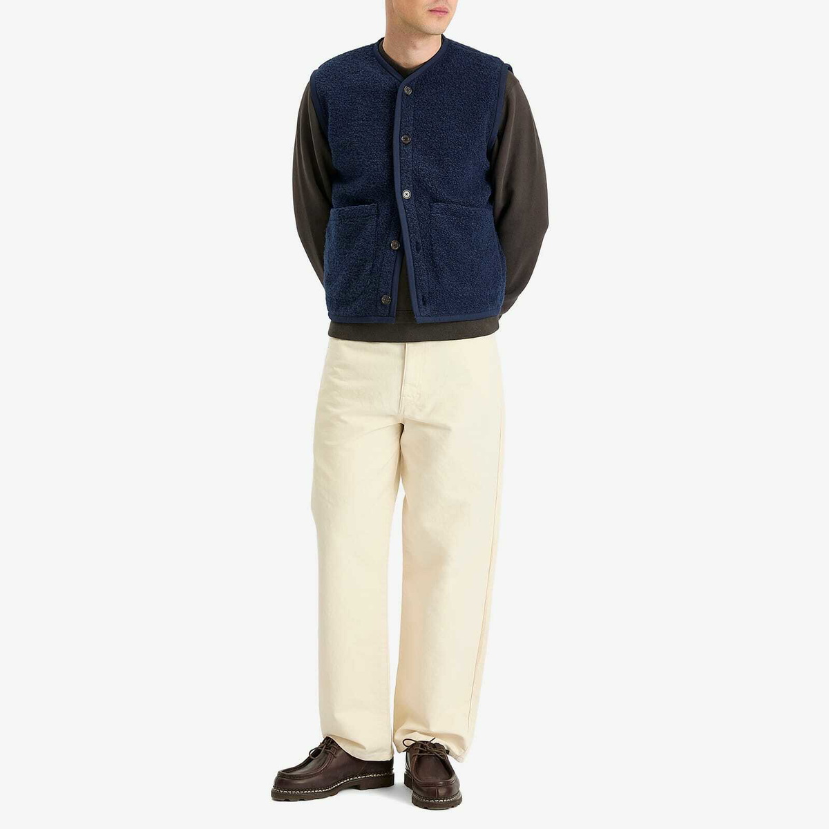 Universal Works Men's Boucle Alvar Fleece Lancaster Gilet in Navy