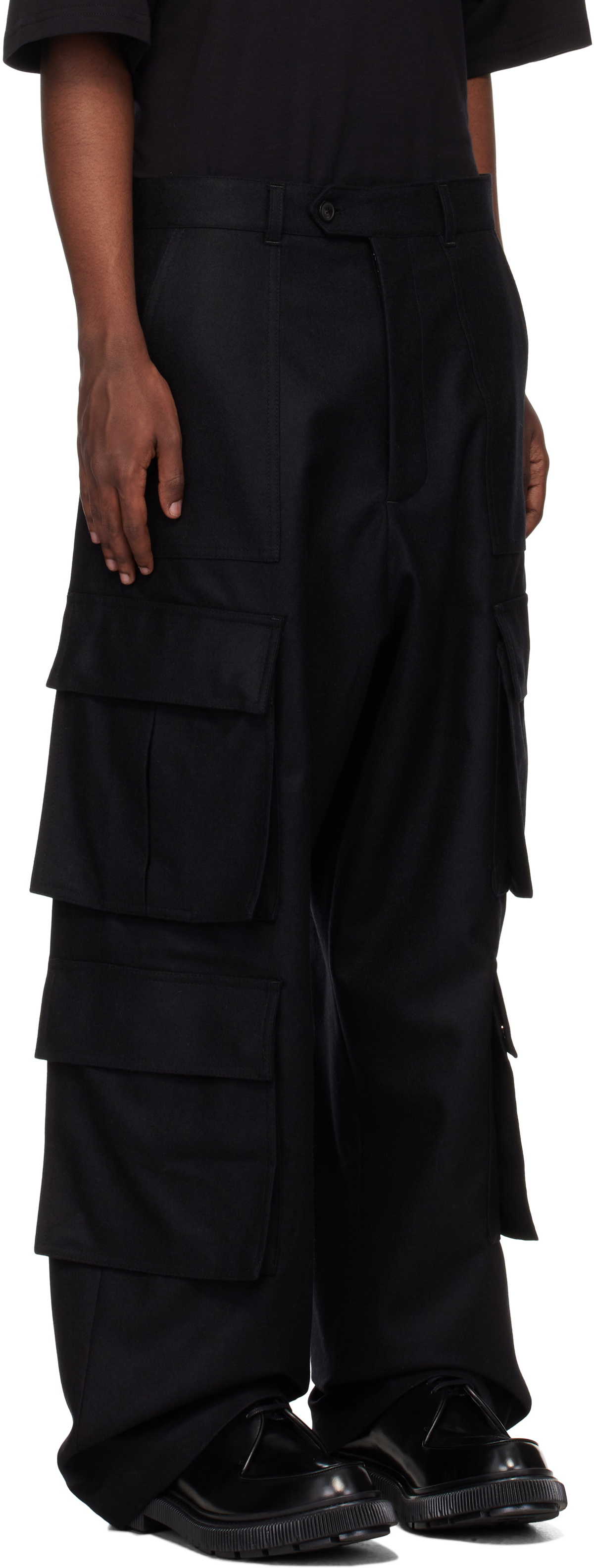 Lownn Black Flannel Wool Wide Leg Cargo Pants