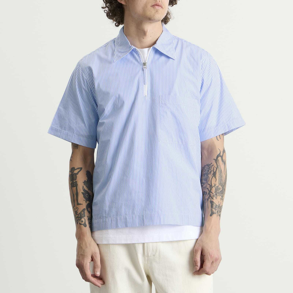 Universal Works Men's Nipon Stripe Ewan Shirt in Sky/White