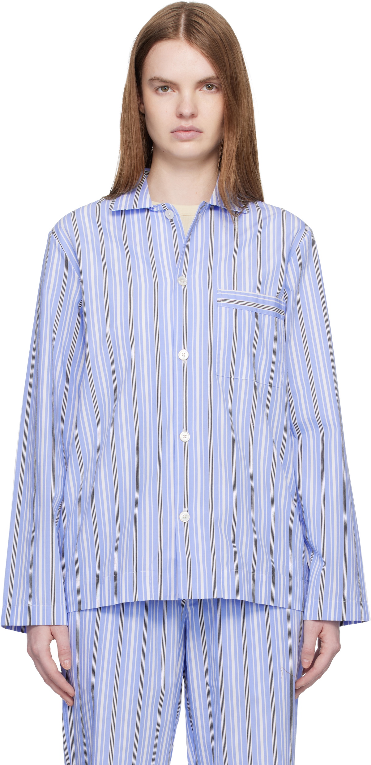 Tekla Blue & White Poplin Long-Sleeved Pyjama Shirt