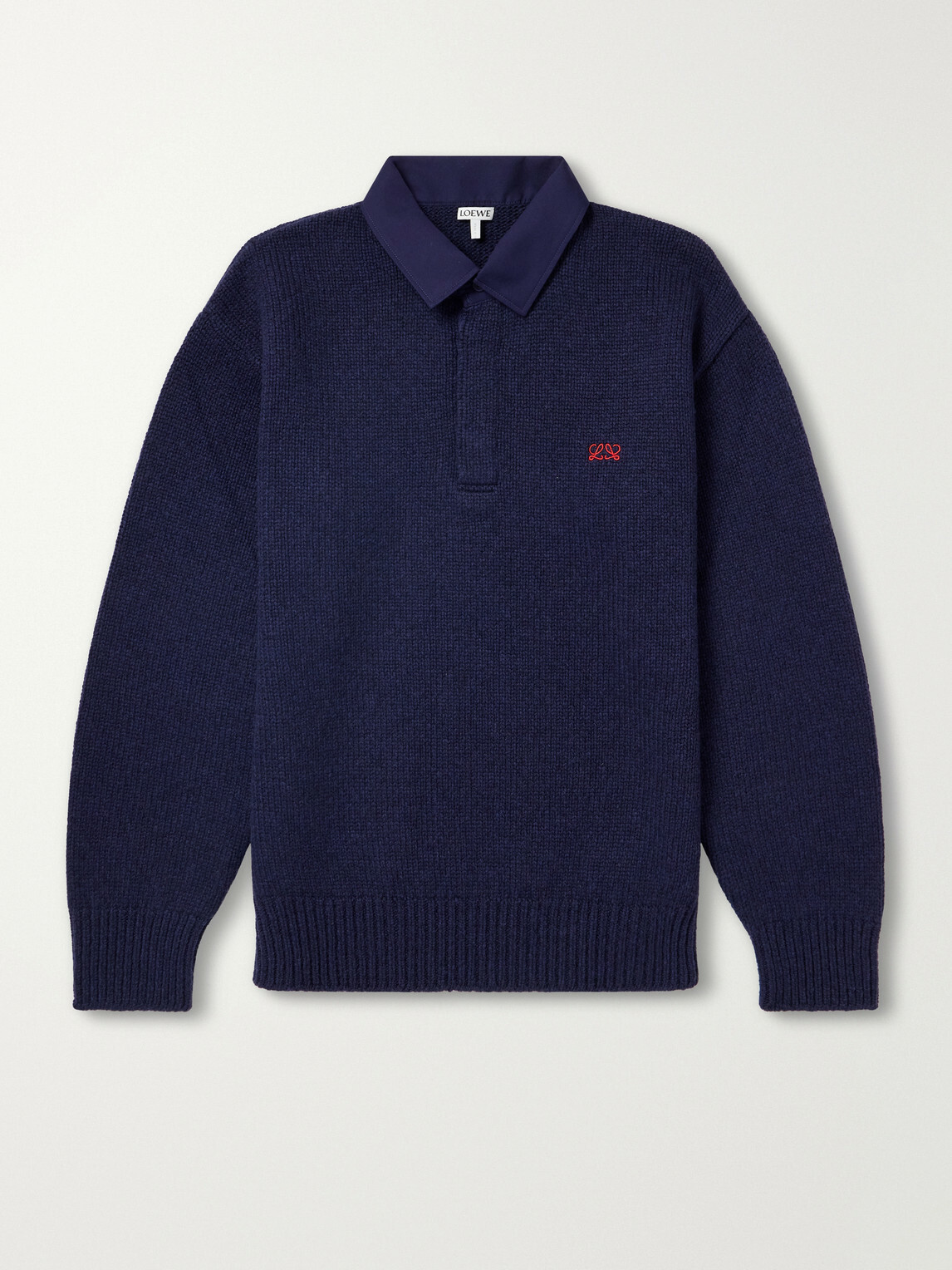LOEWE - Logo-Embroidered Cotton Twill-Trimmed Wool-Blend Polo Sweater - Blue