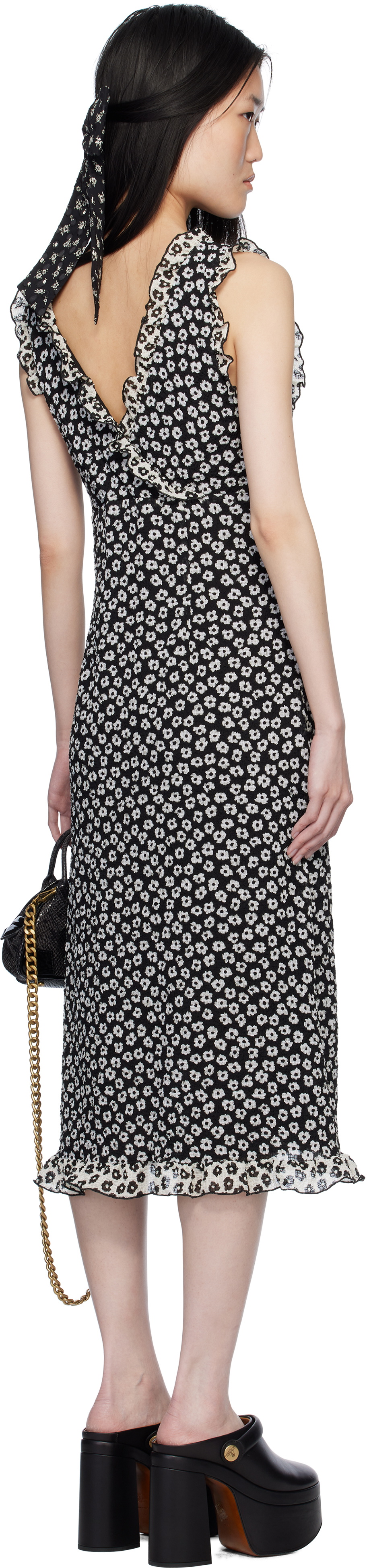 Anna Sui Black Daisy Pucker Midi Dress