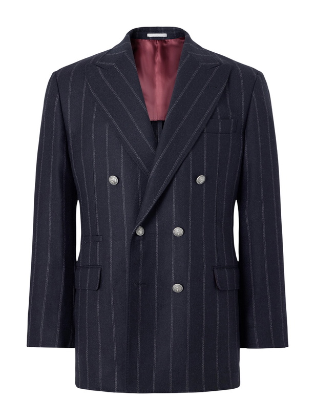 Photo: Brunello Cucinelli - Double-Breasted Pinstripe Cashmere and Wool-Blend Flannel Suit Jacket - Black