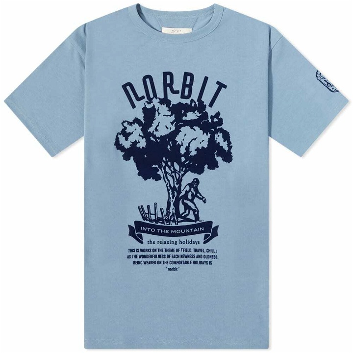 Photo: Norbit by Hiroshi Nozawa Men's Back Seam Print T-Shirt in Blue Grey