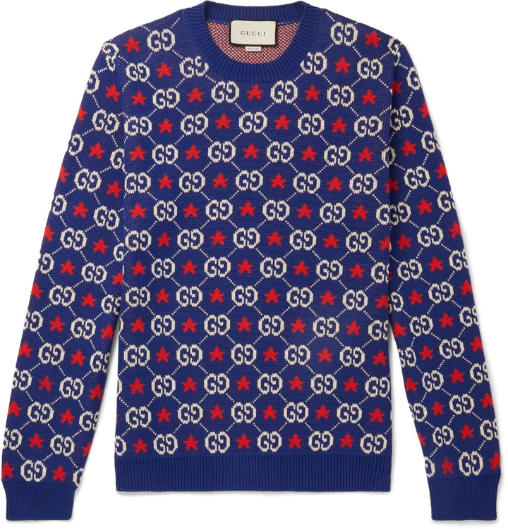 Photo: Gucci - Logo-Intarsia Cotton Sweater - Blue