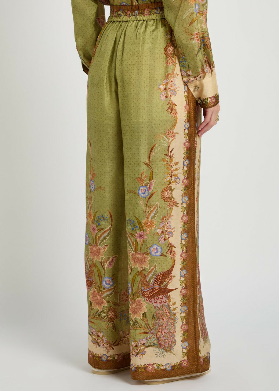 Zimmermann Indra Printed Silk Trousers Khaki