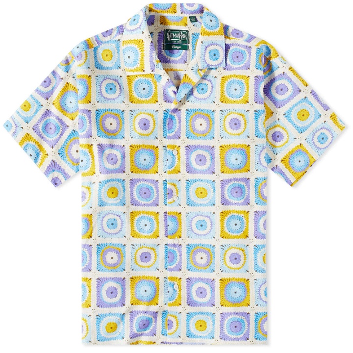 Photo: Gitman Vintage Men's Printed Sunflower Crochet Camp Collar Shirt in Blue