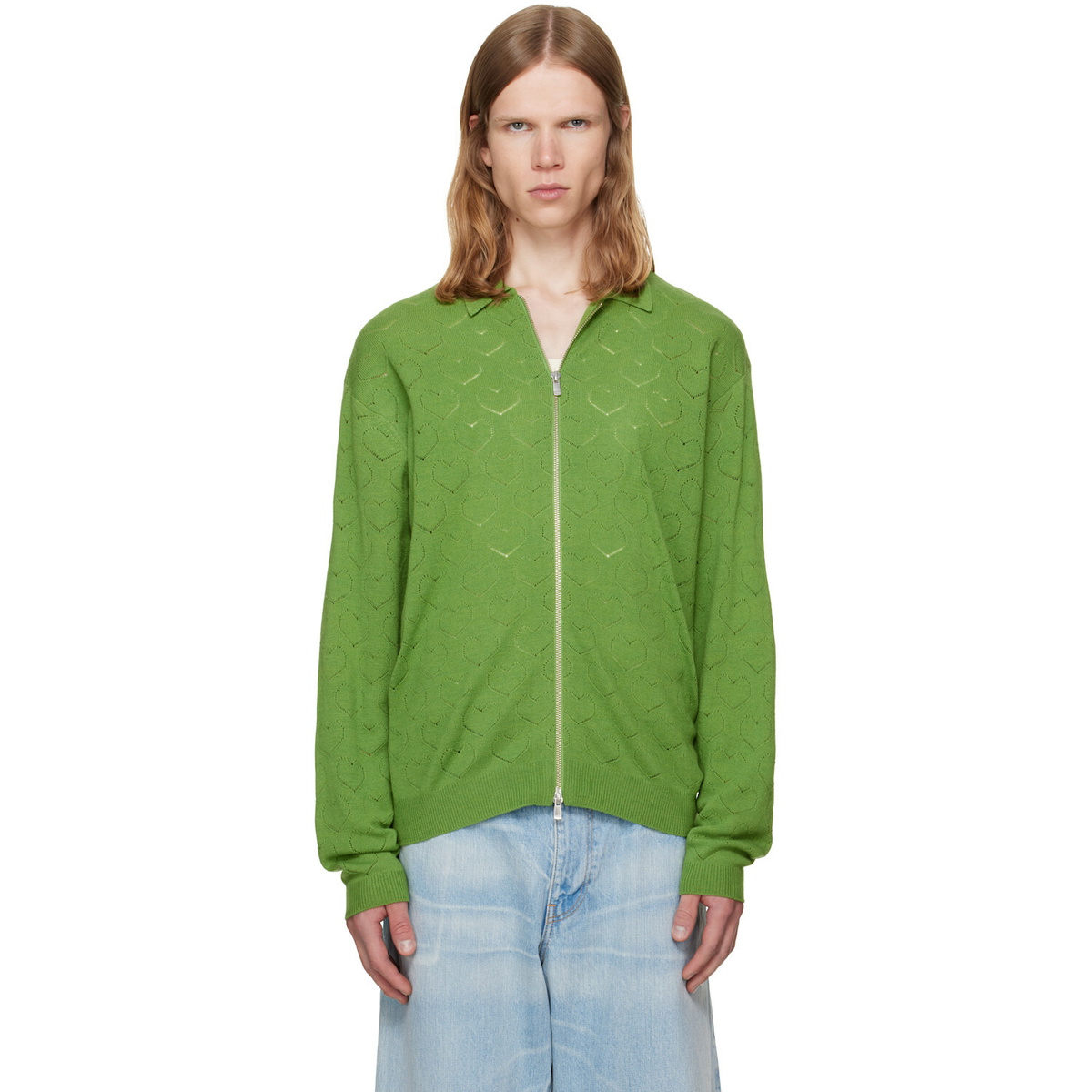 vowels Green Eyelet Knitted Zip-Up Sweater