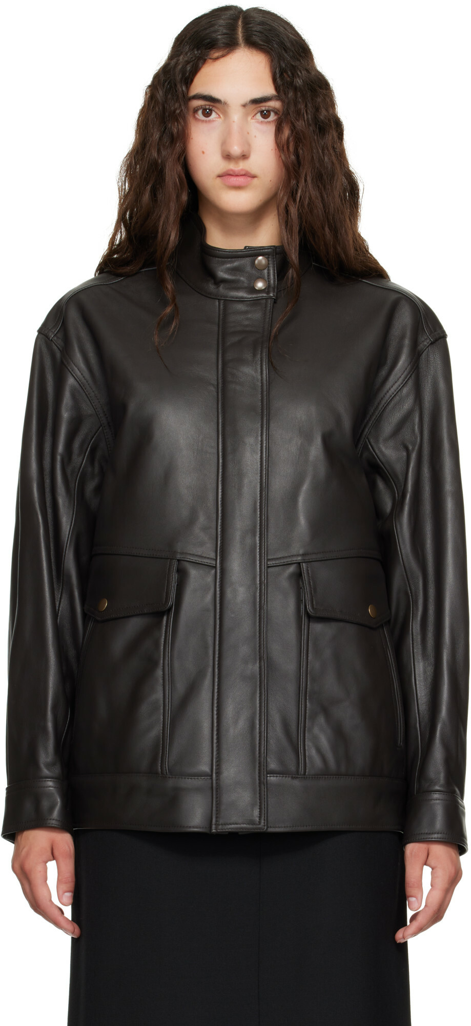 TONYWACK Brown High-Neck Leather Zip Jacket