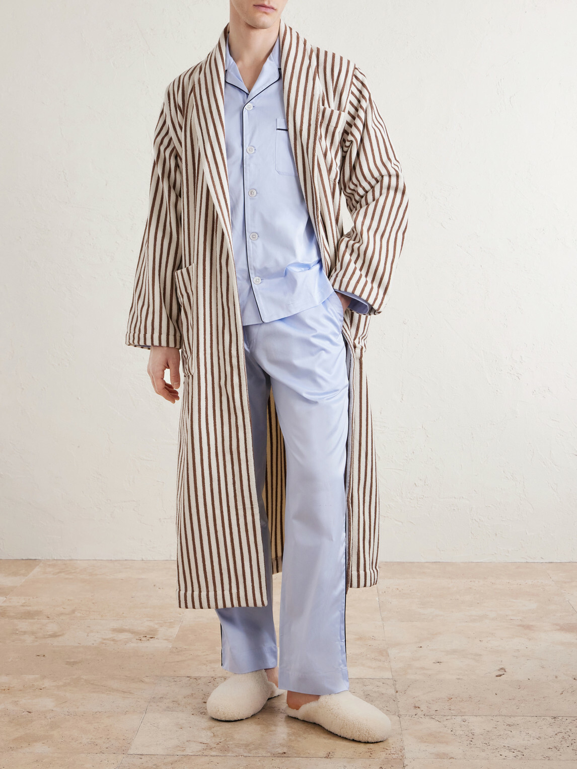 TEKLA - Belted Striped Organic Cotton-Terry Robe - Neutrals