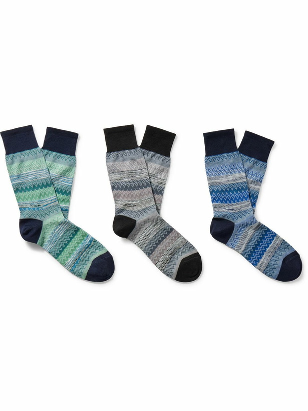 Photo: Missoni - Three-Pack Striped Crochet-Knit Cotton Socks - Blue