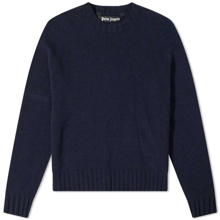 Photo: Palm Angels Men's Curved Logo Crew Knit in Navy Blue /White