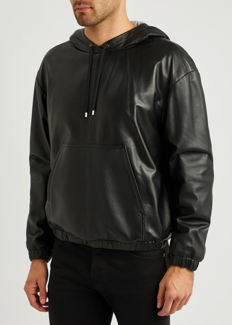 Saint Laurent Hooded Leather Sweatshirt Black Saint Laurent
