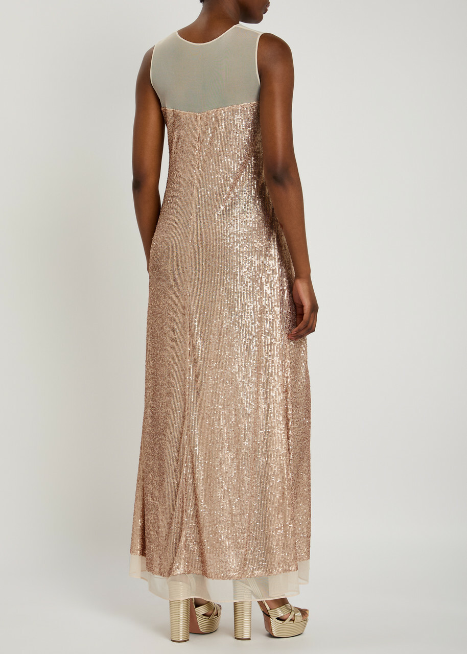 Norma Kamali Sequin-embellished Mesh Maxi Dress Beige