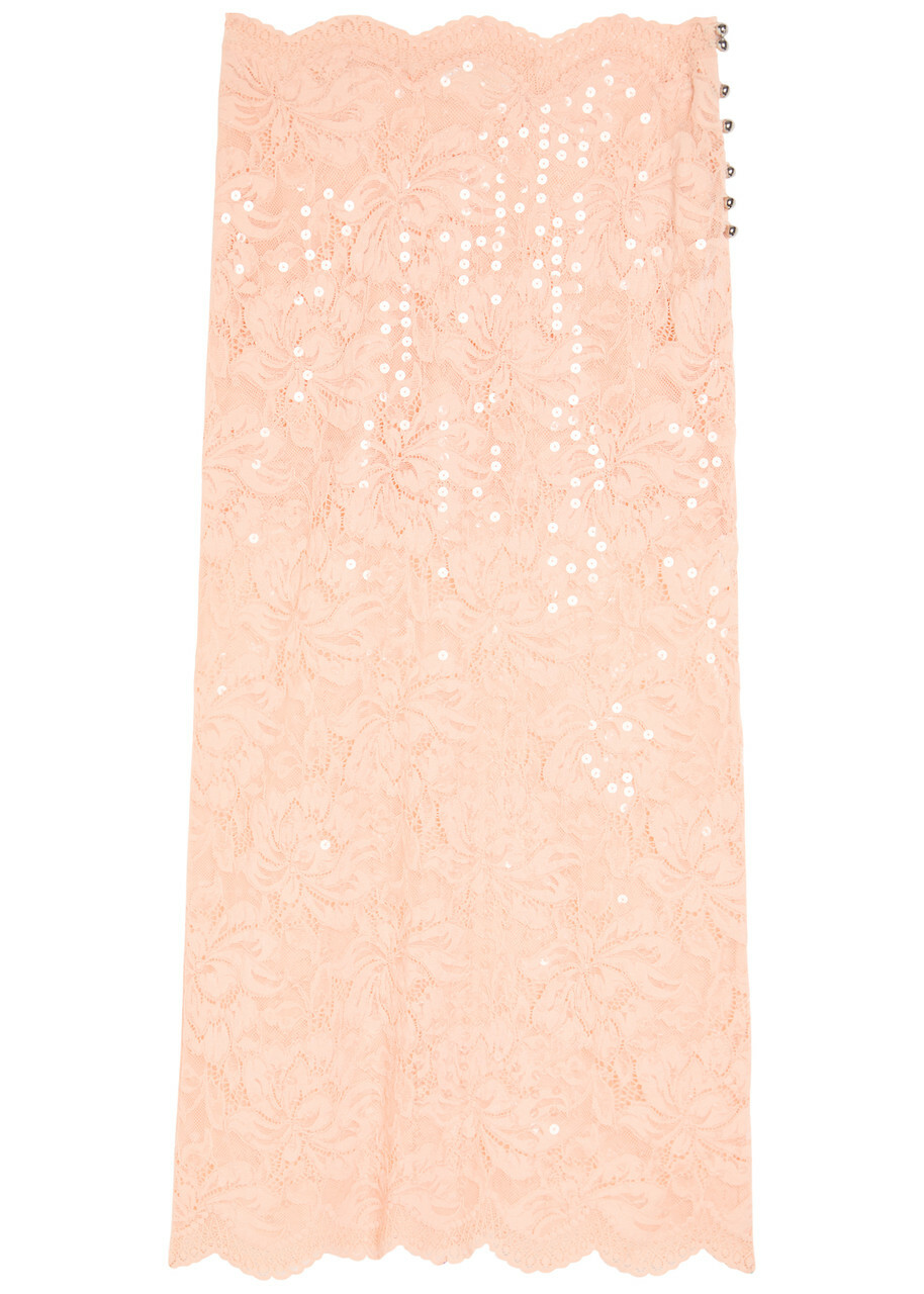 Rabanne Sequin-embellished Stretch-lace Midi Skirt Salmon