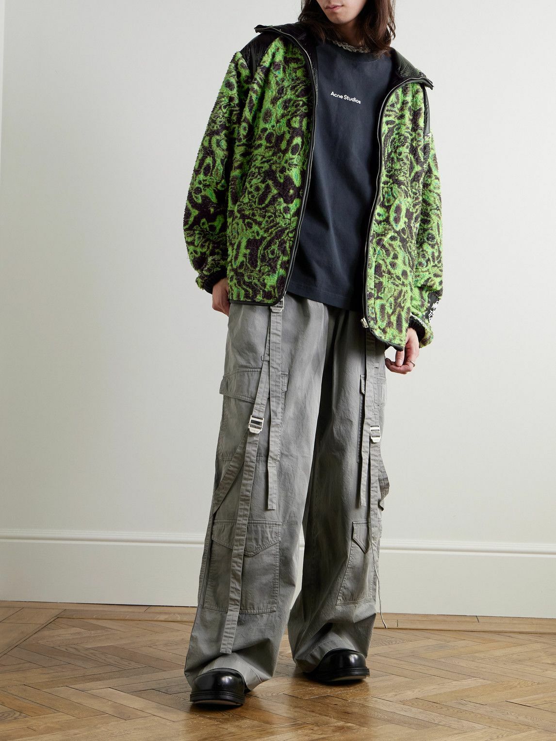 Acne Studios - Printed Fleece and Crinkled Faux Leather Hooded