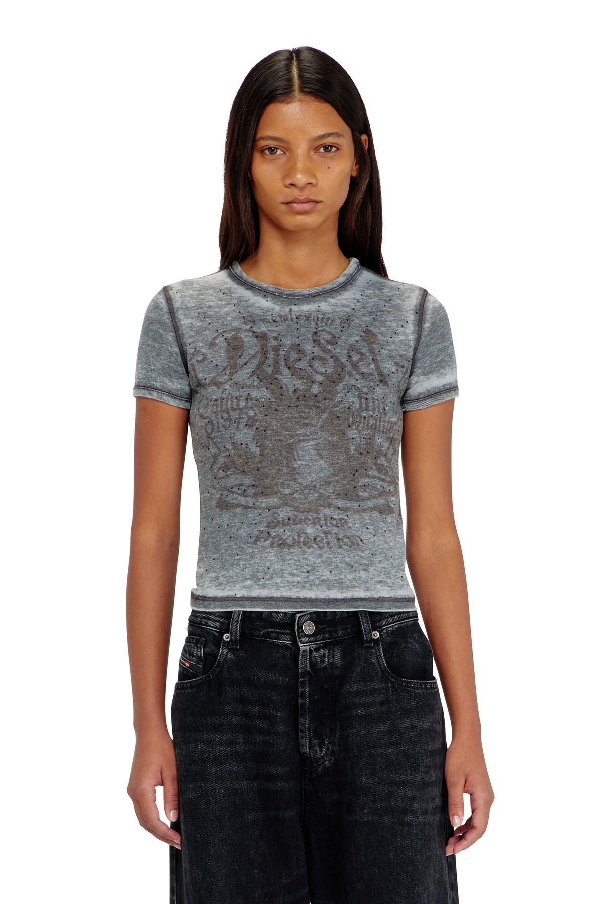 Diesel Slim jersey T-shirt with print and studs - T-Shirts Womens in Multicolor
