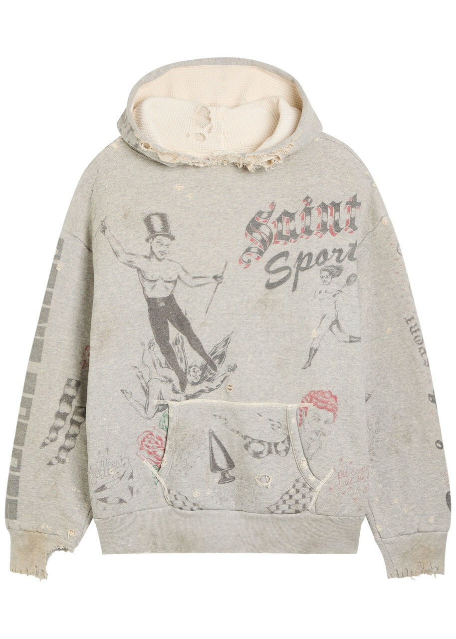 Saint Mxxxxxx X Alexis Drawing Distressed Hooded Cotton Sweatshirt Grey