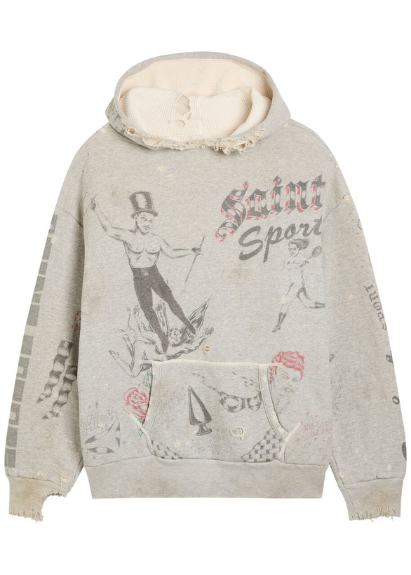 Photo: Saint Mxxxxxx X Alexis Drawing Distressed Hooded Cotton Sweatshirt Grey
