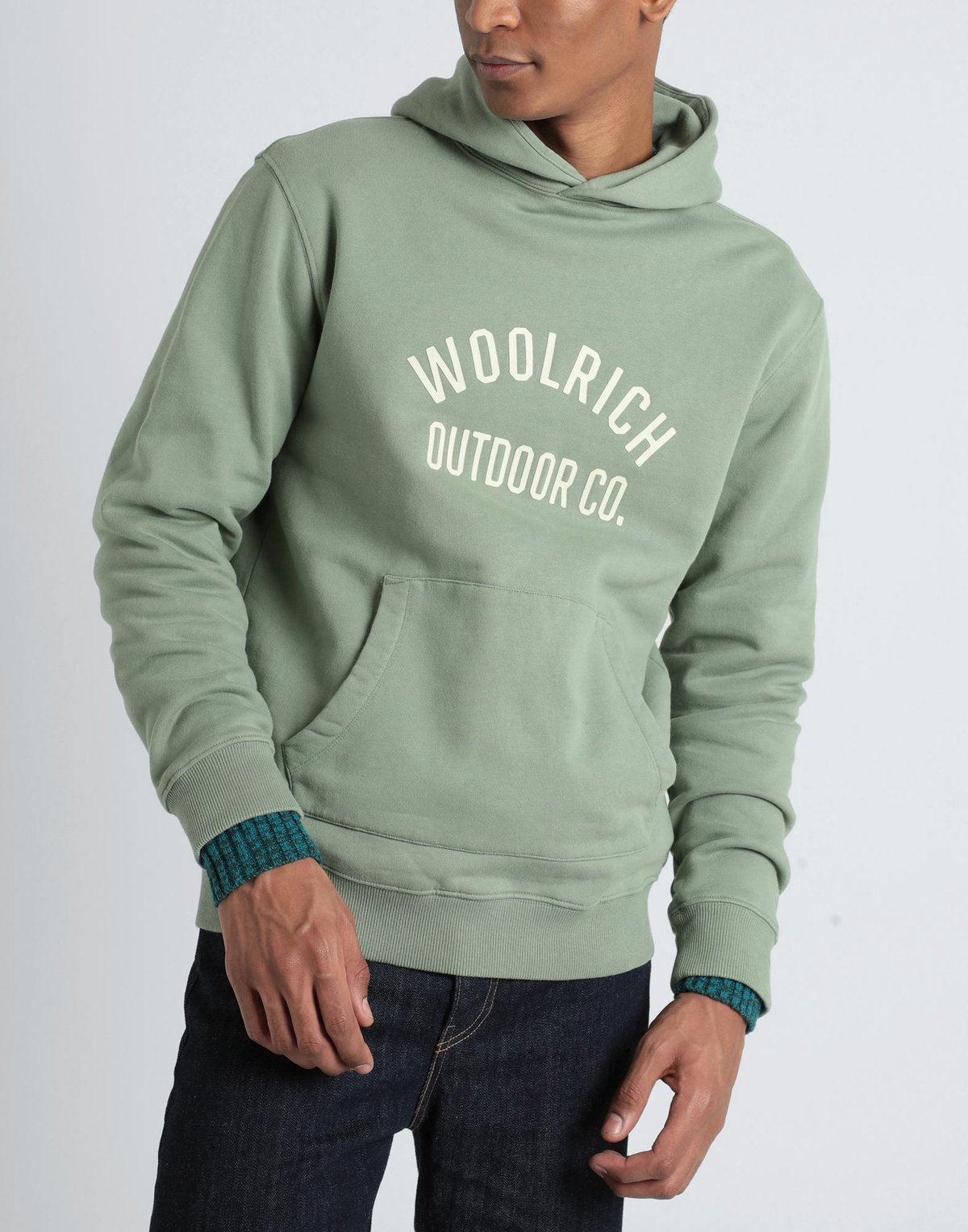 Woolrich Organic Cotton Script Hoodie Mens Sweatshirt in Sage green