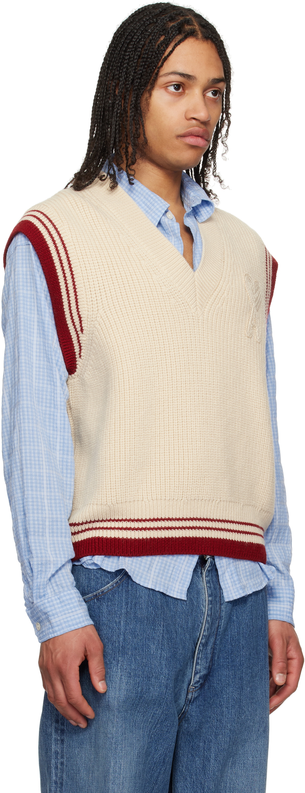 AMI Paris Beige Wool Ribbed V Neck Vest
