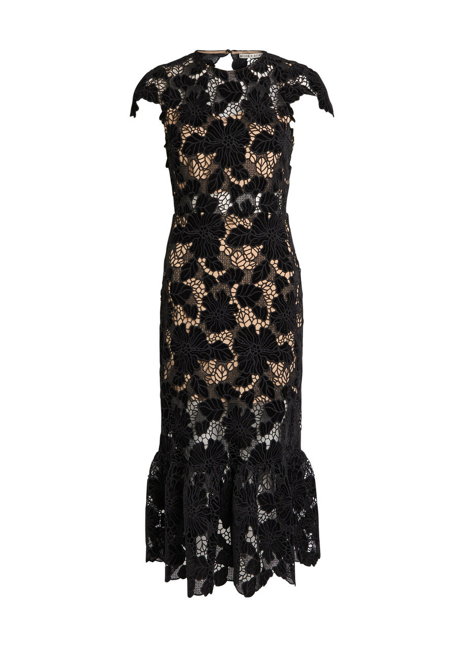 Alice + Olivia Clover Cutwork Lace Midi Dress Black