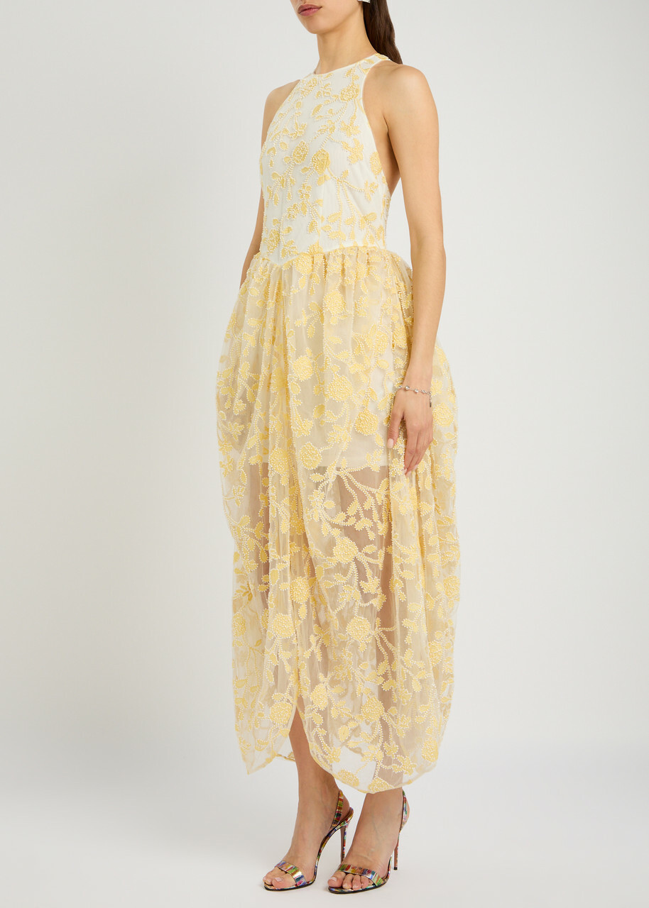 Rotate Birger Christensen Floral-embellished Tulle Midi Dress Yellow