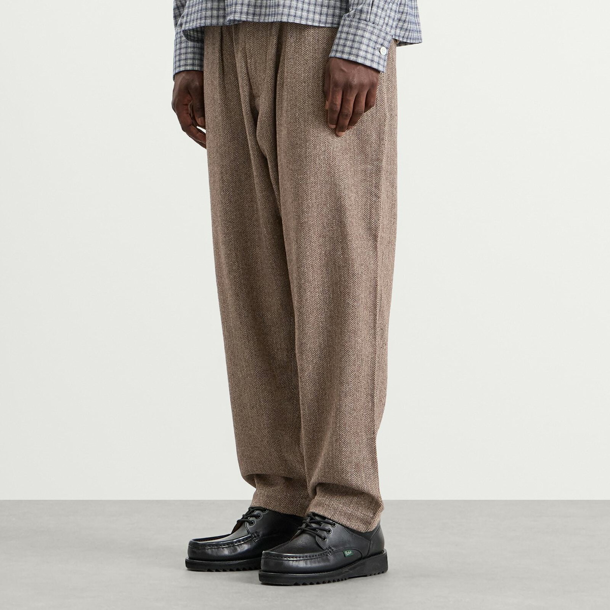 Universal Works Men's Wool Herringbone Pleated Track Pant in Brown