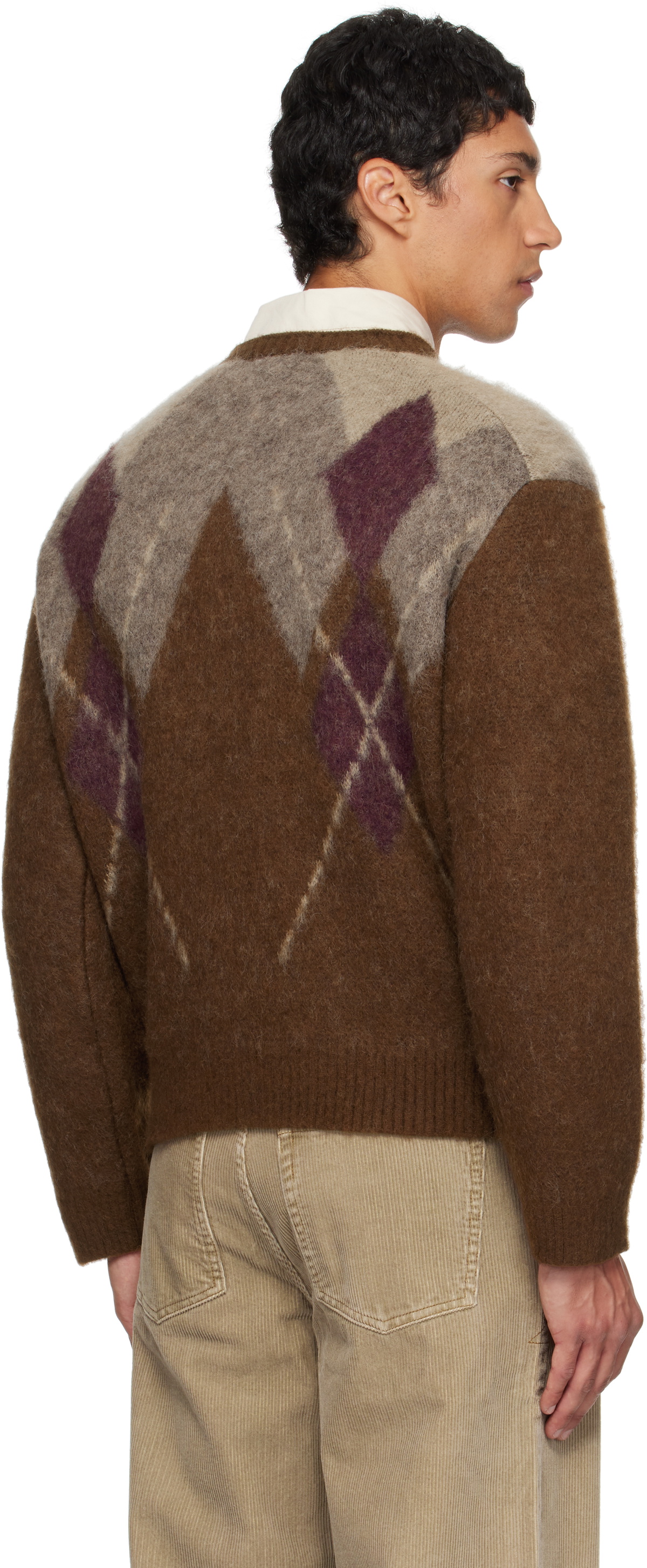 COOR Brown Hairy Mixed Argyle Crewneck Sweater