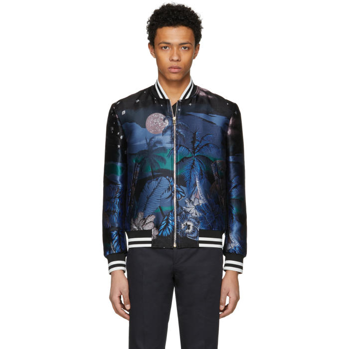 Paul Smith Blue Jacquard Hawaiian Moon Bomber Jacket