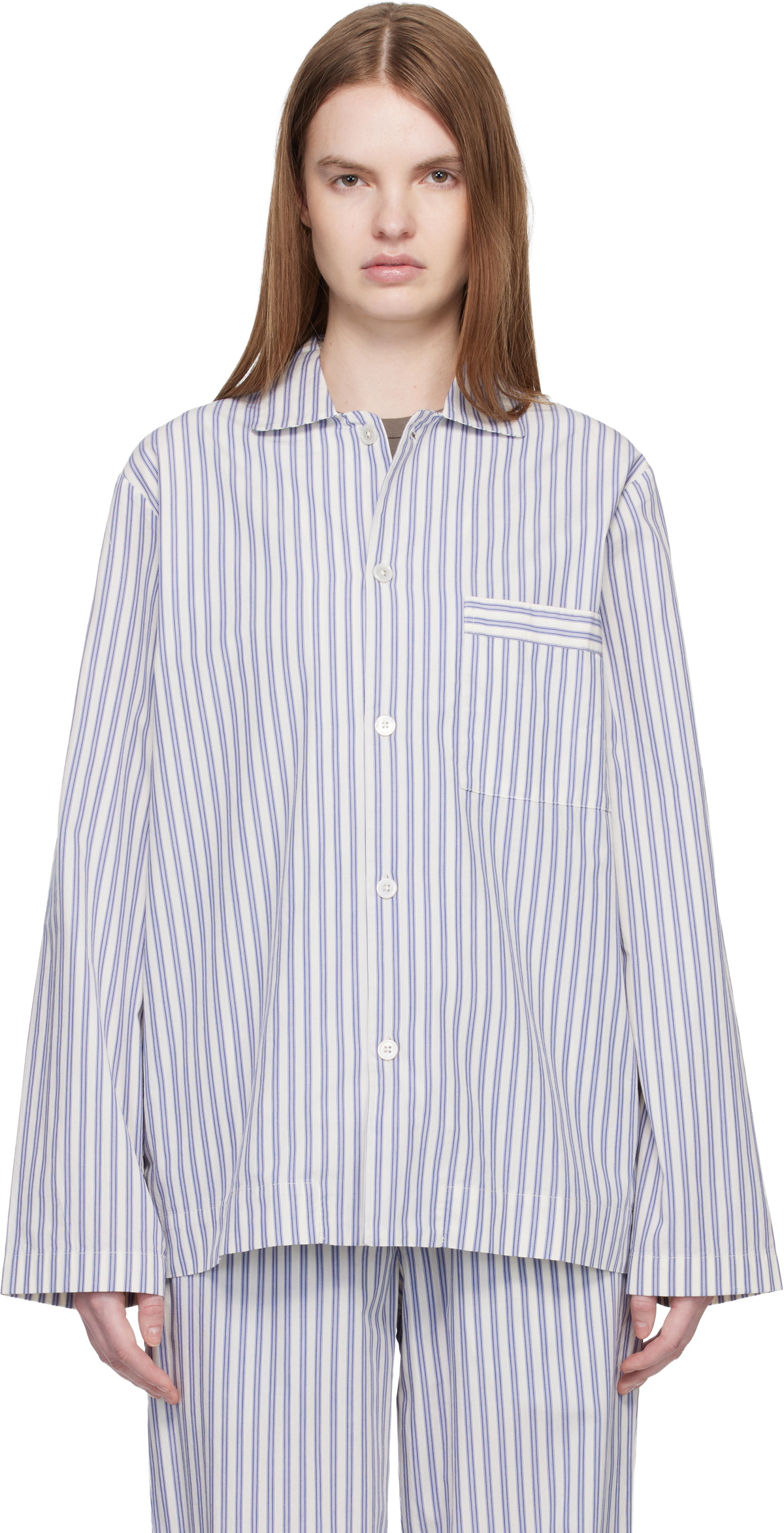 Tekla White & Blue Poplin Long-Sleeved Pyjama Shirt