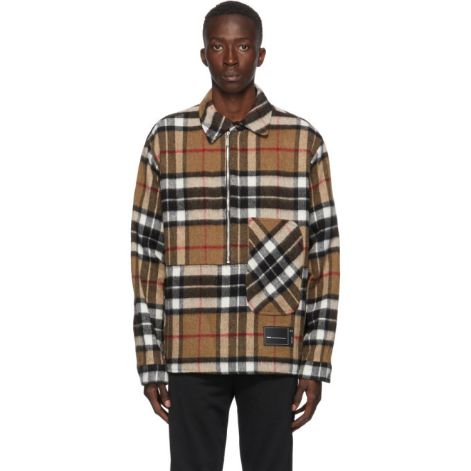 We11done Brown Wool Check Half-Zip Anorak Shirt We11done