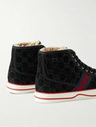 GUCCI - Tennis 1977 Shearling-Lined Webbing-Trimmed Monogrammed Suede Sneakers - Black
