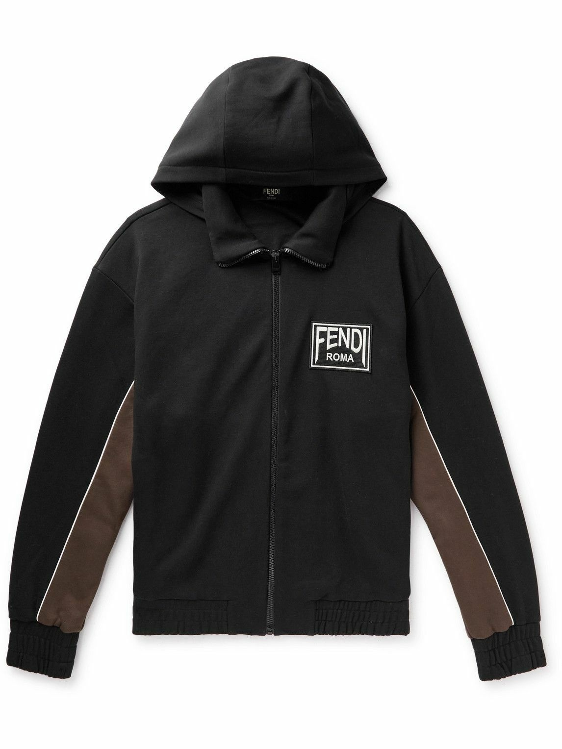 Photo: Fendi - Logo-Appliquéd Cotton-Blend Jersey Zip-Up Hoodie - Black