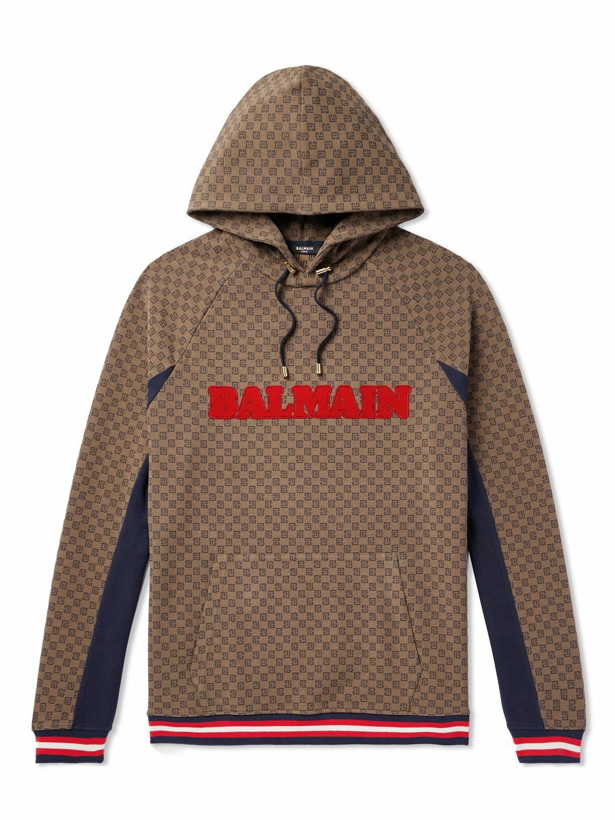 Photo: Balmain - Logo-Flocked Monogrammed Stretch-Cotton Jersey Hoodie - Brown