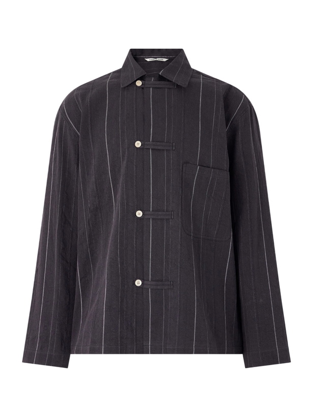 Photo: A Kind Of Guise - Matara Cropped Pinstriped Cotton and Linen-Blend Overshirt - Black