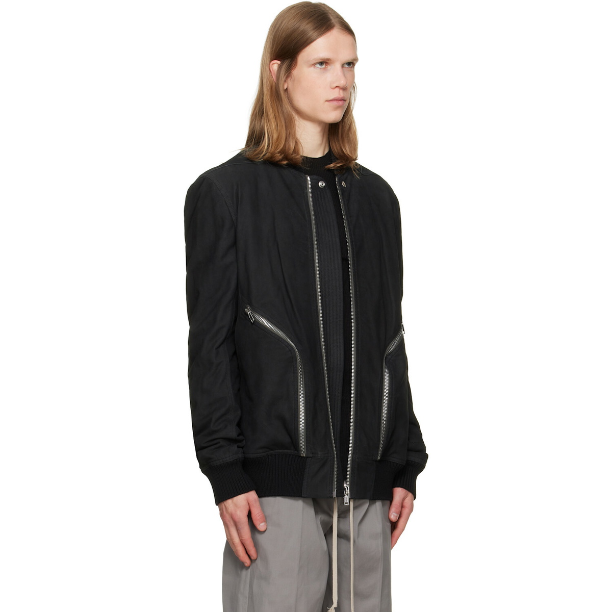 Rick Owens Black Tower Heizer Flight Suede Bomber Jacket