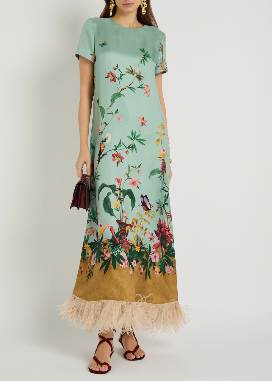 LA Double J Swing Floral-print Feather hem Silk Maxi Dress Blue