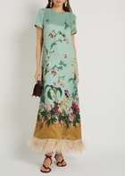 LA Double J Swing Floral-print Feather hem Silk Maxi Dress Blue